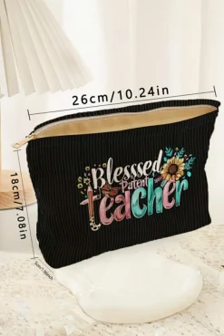 New Dear-Lover Blessed Teacher Flower Pencil Print Corduroy Storage Bag Black