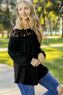 New Dear-Lover Blooming Lace Off The Shoulder Top Black