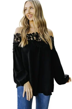 New Dear-Lover Blooming Lace Off The Shoulder Top Black