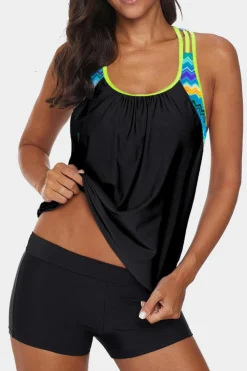 Discount Dear-Lover Blouson Striped Printed Strappy T-Back Push up Tankini Top Black