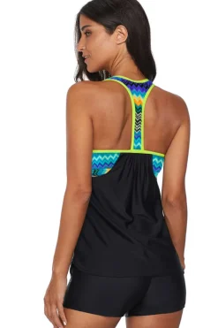 Discount Dear-Lover Blouson Striped Printed Strappy T-Back Push up Tankini Top Black