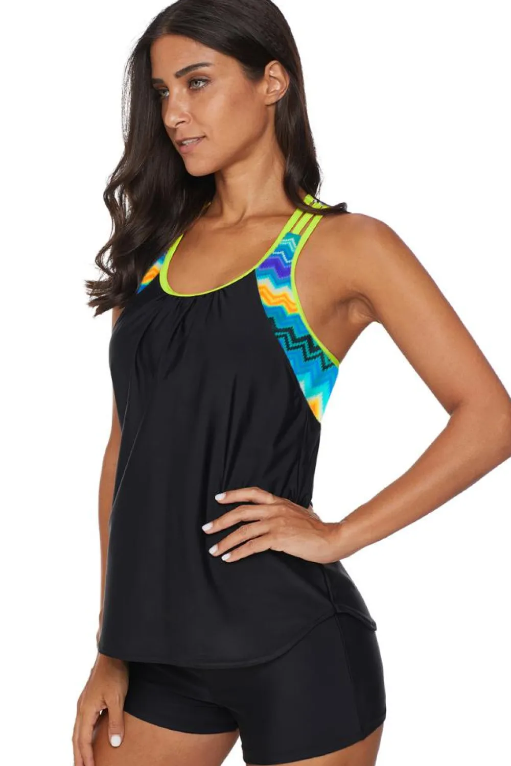 Discount Dear-Lover Blouson Striped Printed Strappy T-Back Push up Tankini Top Black