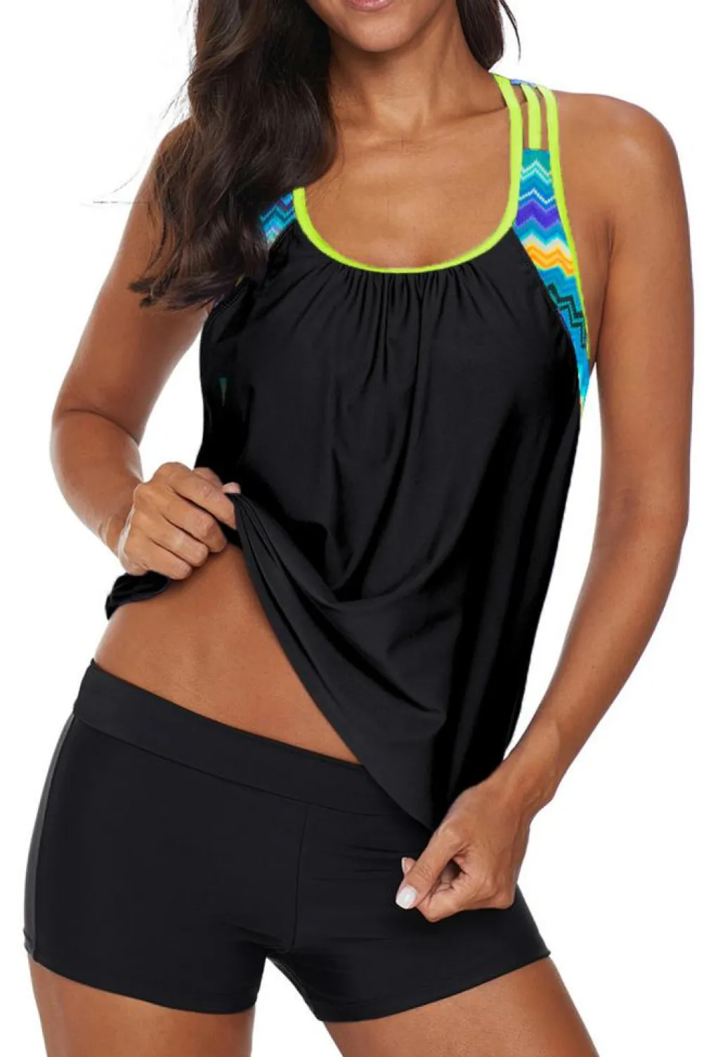Discount Dear-Lover Blouson Striped Printed Strappy T-Back Push up Tankini Top Black