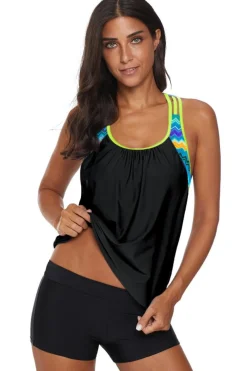 Discount Dear-Lover Blouson Striped Printed Strappy T-Back Push up Tankini Top Black