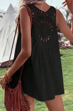 Hot Dear-Lover Bohemian Crochet Patchwork Sleeveless Tunic Black