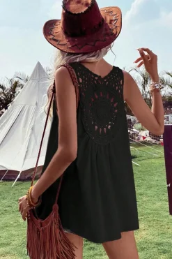 Hot Dear-Lover Bohemian Crochet Patchwork Sleeveless Tunic Black