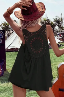 Hot Dear-Lover Bohemian Crochet Patchwork Sleeveless Tunic Black