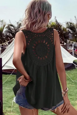 Hot Dear-Lover Bohemian Crochet Patchwork Sleeveless Tunic Black