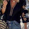 New Dear-Lover Bohemian Floral Embroidered V Neck Blouse Black