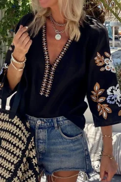 New Dear-Lover Bohemian Floral Embroidered V Neck Blouse Black