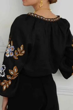 New Dear-Lover Bohemian Floral Embroidered V Neck Blouse Black