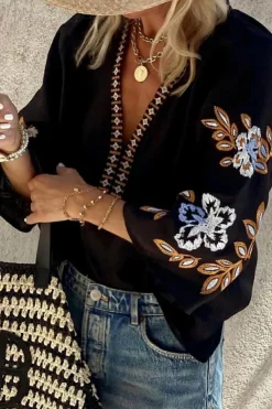 New Dear-Lover Bohemian Floral Embroidered V Neck Blouse Black