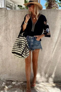 New Dear-Lover Bohemian Floral Embroidered V Neck Blouse Black