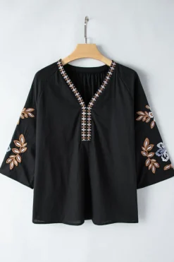 New Dear-Lover Bohemian Floral Embroidered V Neck Blouse Black