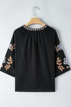 New Dear-Lover Bohemian Floral Embroidered V Neck Blouse Black