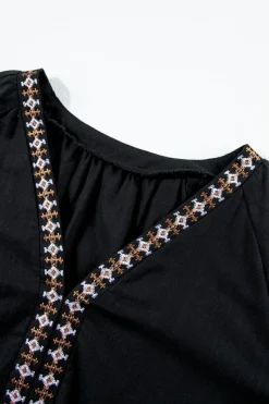 New Dear-Lover Bohemian Floral Embroidered V Neck Blouse Black
