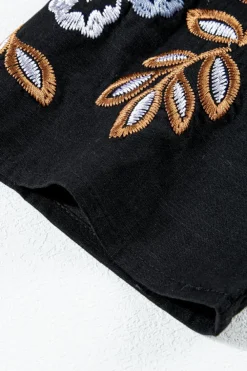 New Dear-Lover Bohemian Floral Embroidered V Neck Blouse Black