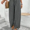 Clearance Dear-Lover Bohemian Print Slit Wide Leg Smocked High Waist Pants Black