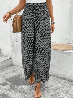 Clearance Dear-Lover Bohemian Print Slit Wide Leg Smocked High Waist Pants Black
