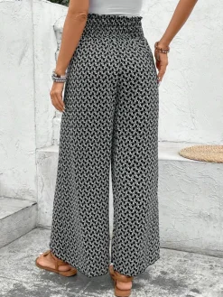Clearance Dear-Lover Bohemian Print Slit Wide Leg Smocked High Waist Pants Black