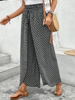 Clearance Dear-Lover Bohemian Print Slit Wide Leg Smocked High Waist Pants Black