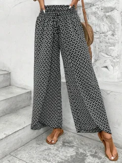 Clearance Dear-Lover Bohemian Print Slit Wide Leg Smocked High Waist Pants Black