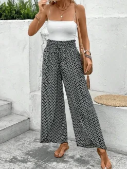 Clearance Dear-Lover Bohemian Print Slit Wide Leg Smocked High Waist Pants Black