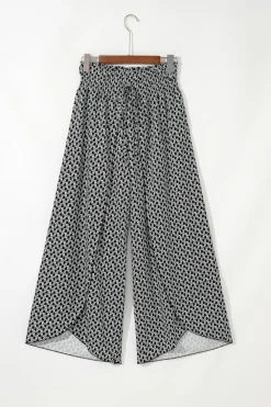 Clearance Dear-Lover Bohemian Print Slit Wide Leg Smocked High Waist Pants Black