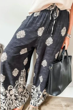 Discount Dear-Lover Bohemian Printed Drawstring Waist Wide Leg Pants Black