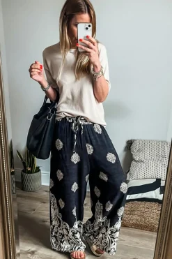 Discount Dear-Lover Bohemian Printed Drawstring Waist Wide Leg Pants Black