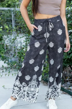 Discount Dear-Lover Bohemian Printed Drawstring Waist Wide Leg Pants Black