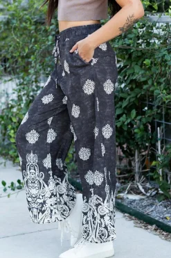 Discount Dear-Lover Bohemian Printed Drawstring Waist Wide Leg Pants Black
