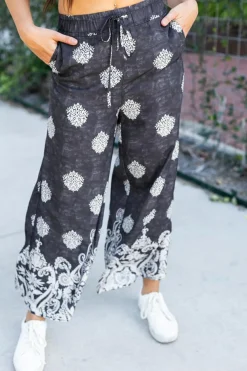 Discount Dear-Lover Bohemian Printed Drawstring Waist Wide Leg Pants Black