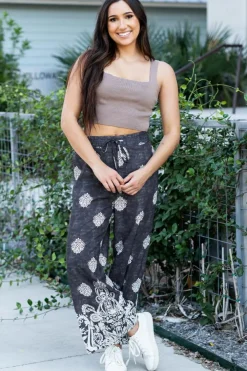 Discount Dear-Lover Bohemian Printed Drawstring Waist Wide Leg Pants Black