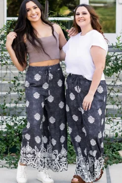 Discount Dear-Lover Bohemian Printed Drawstring Waist Wide Leg Pants Black