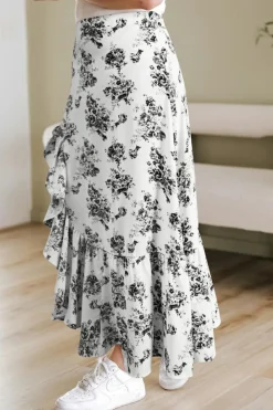 Best Dear-Lover Boho Floral High Waist Ruffle Split Maxi Skirt Black