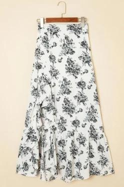 Best Dear-Lover Boho Floral High Waist Ruffle Split Maxi Skirt Black