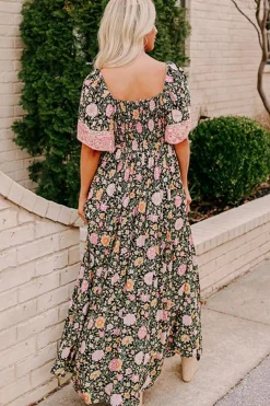 Discount Dear-Lover Boho Floral Patchwork Sexy V Neck Short Sleeve Maxi Dress Black