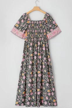 Discount Dear-Lover Boho Floral Patchwork Sexy V Neck Short Sleeve Maxi Dress Black