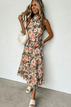 Fashion Dear-Lover Boho Floral Print Knotted Halter Ruffled Maxi Dress Black