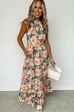 Fashion Dear-Lover Boho Floral Print Knotted Halter Ruffled Maxi Dress Black