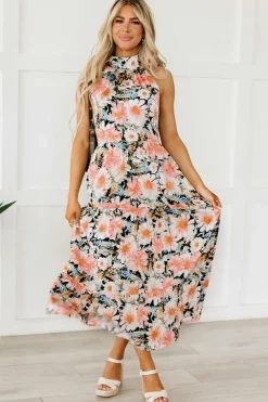 Fashion Dear-Lover Boho Floral Print Knotted Halter Ruffled Maxi Dress Black