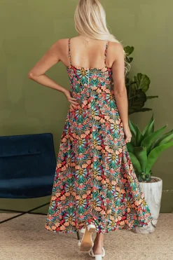 Clearance Dear-Lover Boho Floral Print Thin Straps Sleeveless High Waist Maxi Dress Black