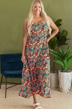 Clearance Dear-Lover Boho Floral Print Thin Straps Sleeveless High Waist Maxi Dress Black
