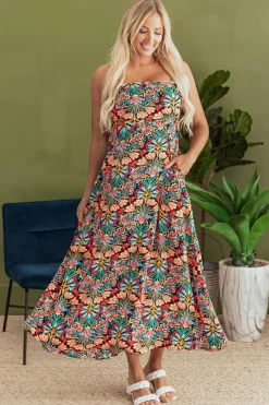 Clearance Dear-Lover Boho Floral Print Thin Straps Sleeveless High Waist Maxi Dress Black