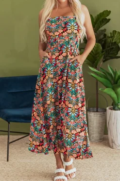 Clearance Dear-Lover Boho Floral Print Thin Straps Sleeveless High Waist Maxi Dress Black