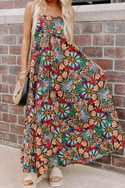 Clearance Dear-Lover Boho Floral Print Thin Straps Sleeveless High Waist Maxi Dress Black