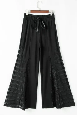 Clearance Dear-Lover Boho Lace Patchwork Wide Leg High Waist Pants Black