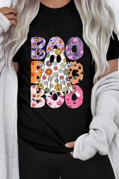 Online Dear-Lover BOO Floral Ghost Print Crew Neck Halloween T Shirt Black