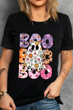 Online Dear-Lover BOO Floral Ghost Print Crew Neck Halloween T Shirt Black